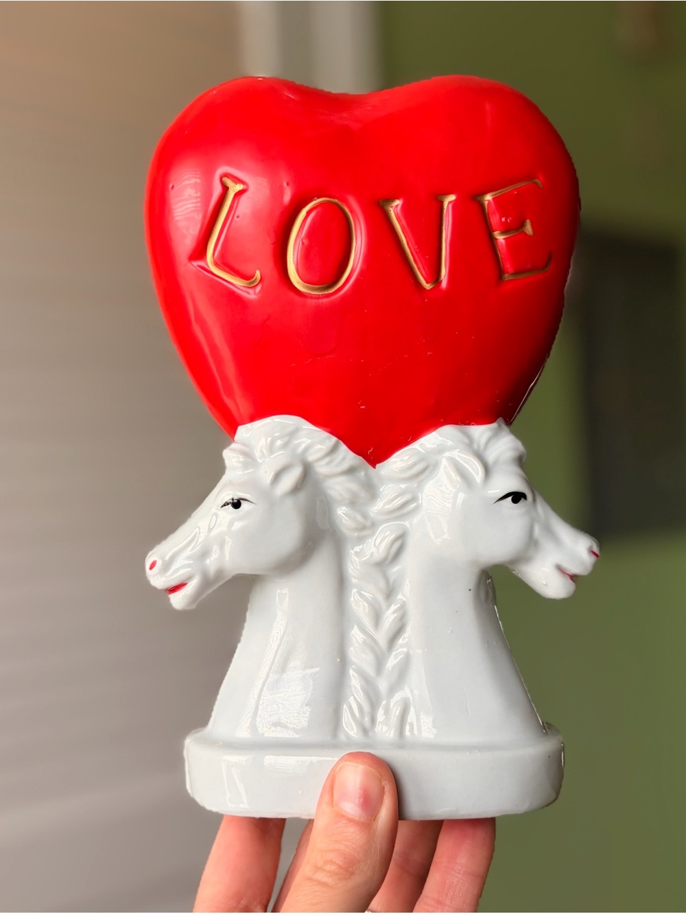 White & Red 'Love' Heart Horse Sculpture - Decorative Home Art Vase